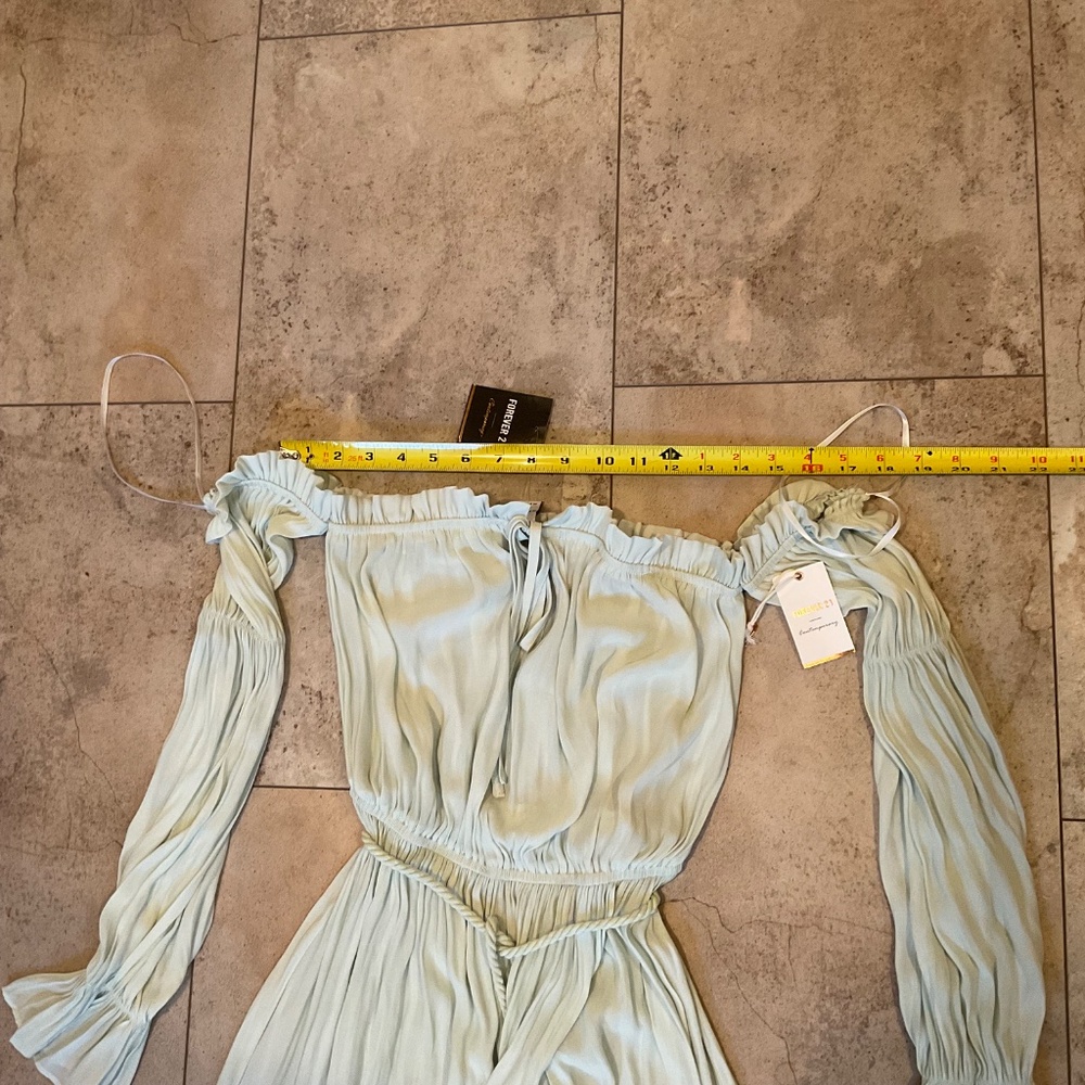 Forever 21 Long Sleeve Sheer Off The Shoulder Dress Sea Foam Green Gown Sz XS - Picture 7 of 13